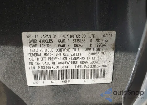 2008 Acura Tsx from USA, damaged, VIN JH4CL968X8C013174